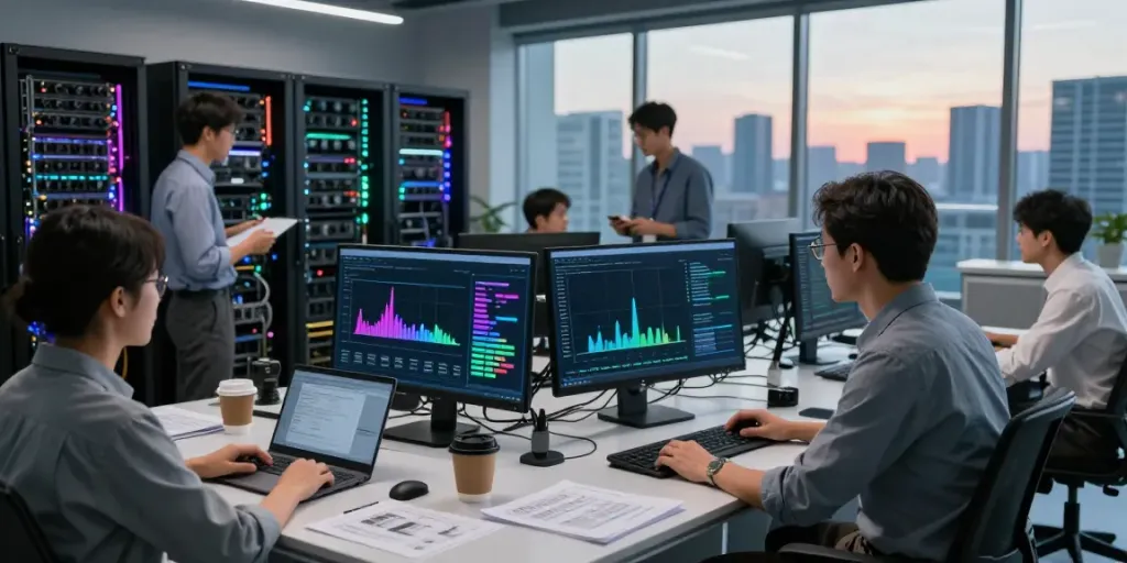 Engineers analyzing AI inference metrics in a control room with modern technology