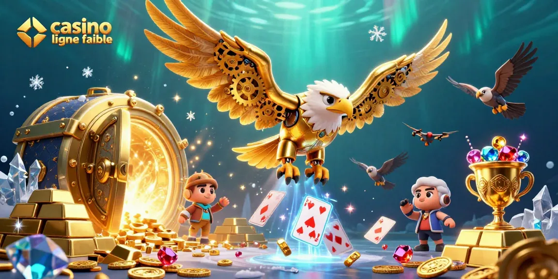 Célébrez vos gains au casino en ligne fiable avec une illustration 3D d'un aigle doré et des joyaux brillants.