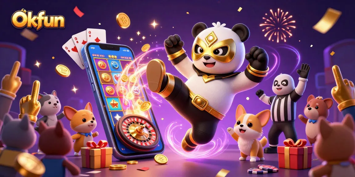 Experience excitement with Okfun as a panda wrestler kicks amidst casino elements and cheers!