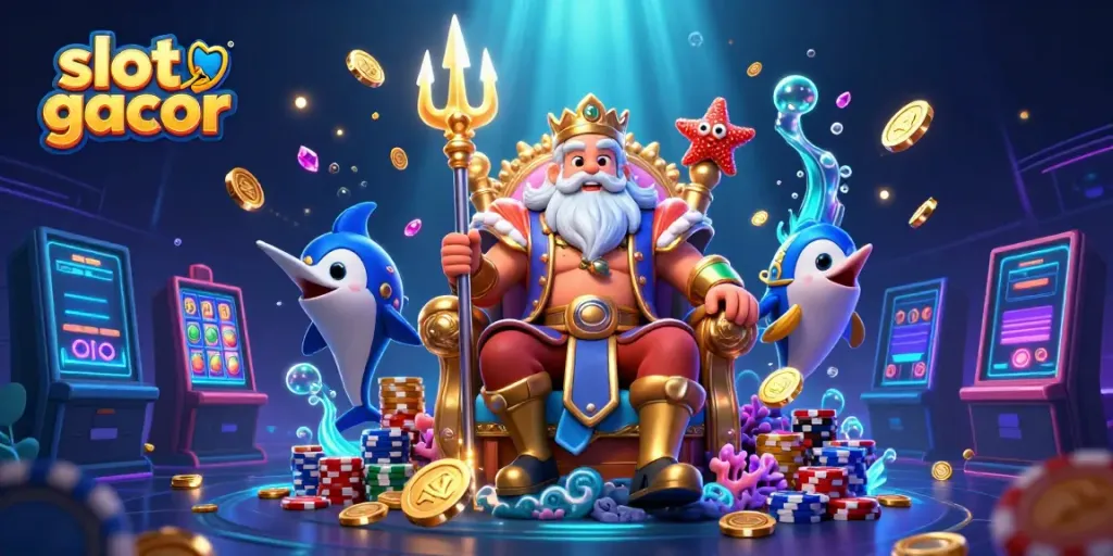 Permainan slot gacor yang menarik dengan simbol keberuntungan dan elemen kasino di bawah lautan.