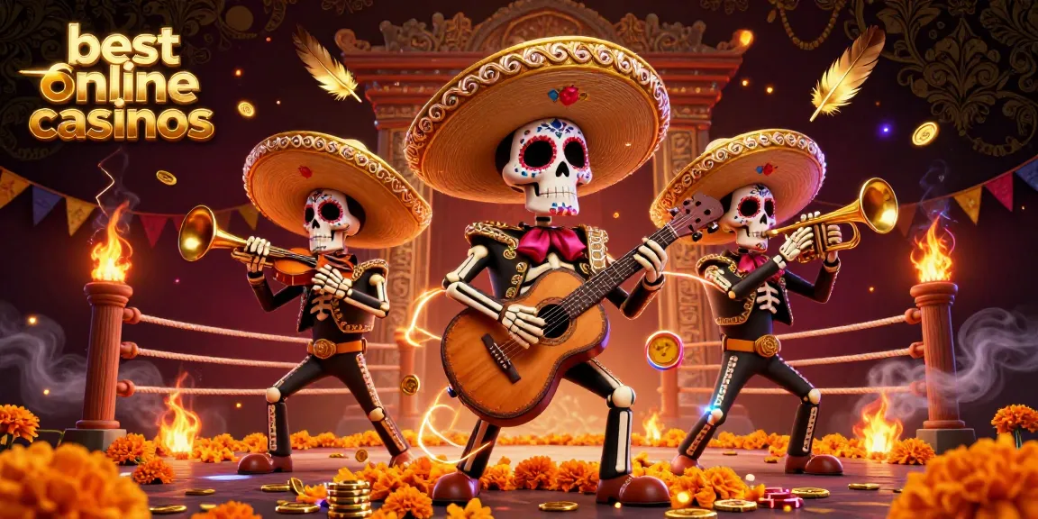 Engage with the best online casinos through vibrant 3D illustration of a Day of the Dead mariachi band in a dynamic casino scene.
