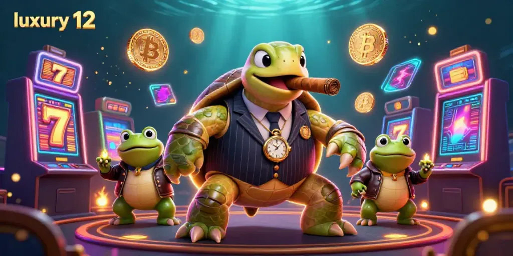 Engage with luxury 12 virtual slots surrounded by fun characters and vibrant casino elements.