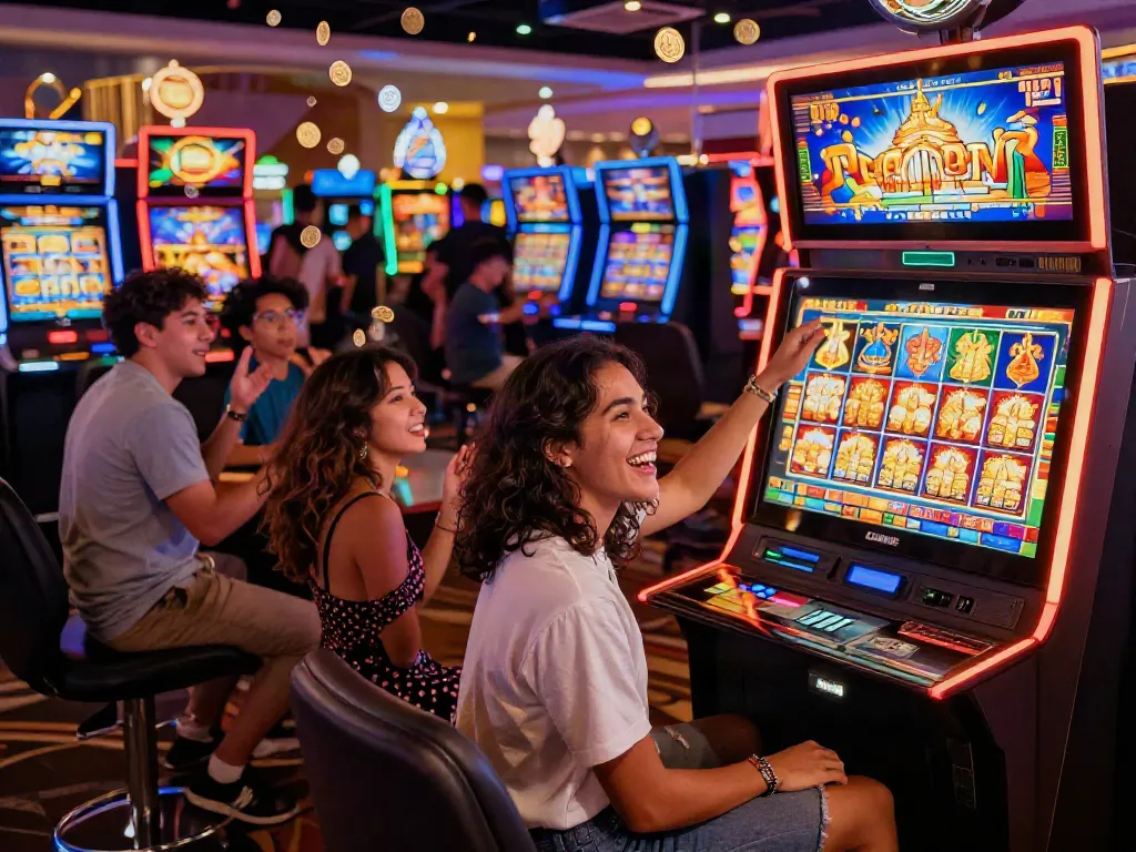 Exciting casino scene showcasing players enjoying slot thailand machines with colorful PG SOFT themes and vibrant atmosphere.