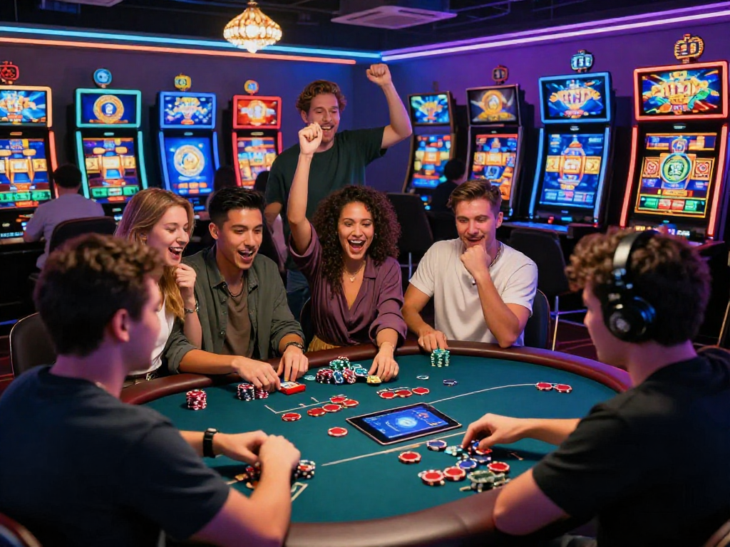 Engaged players enjoying a vibrant crypto casino atmosphere with digital currency interactions and celebration.