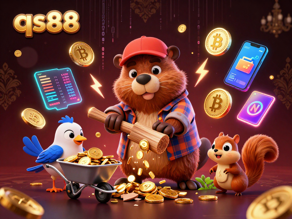 Play and win with qs88's vibrant 3D casino scene featuring beaver, bird, and squirrel collecting gold coins.