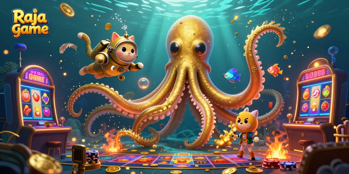 Engage with the exciting Raja game experience featuring a lively kraken and diving cat among casino elements.