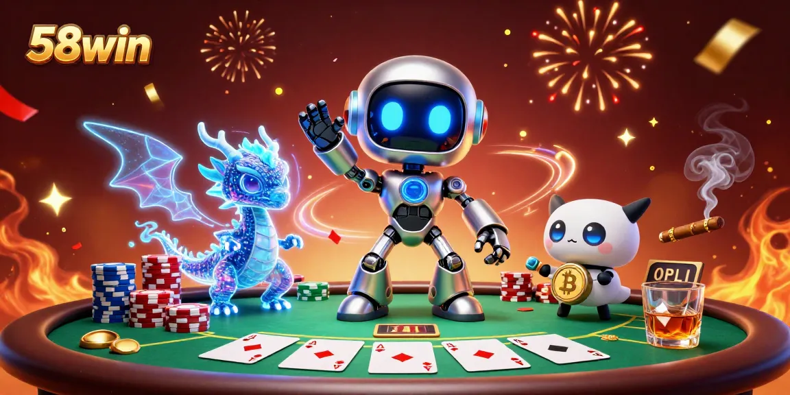 Engage with thrilling poker action at 58win, featuring a vibrant 3D robot mascot and casino elements.