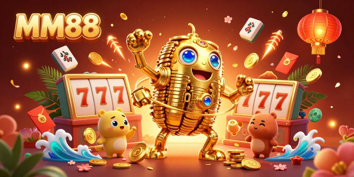 Experience the thrill of MM88 with dynamic golden golem and slot symbols in a vibrant casino scene.