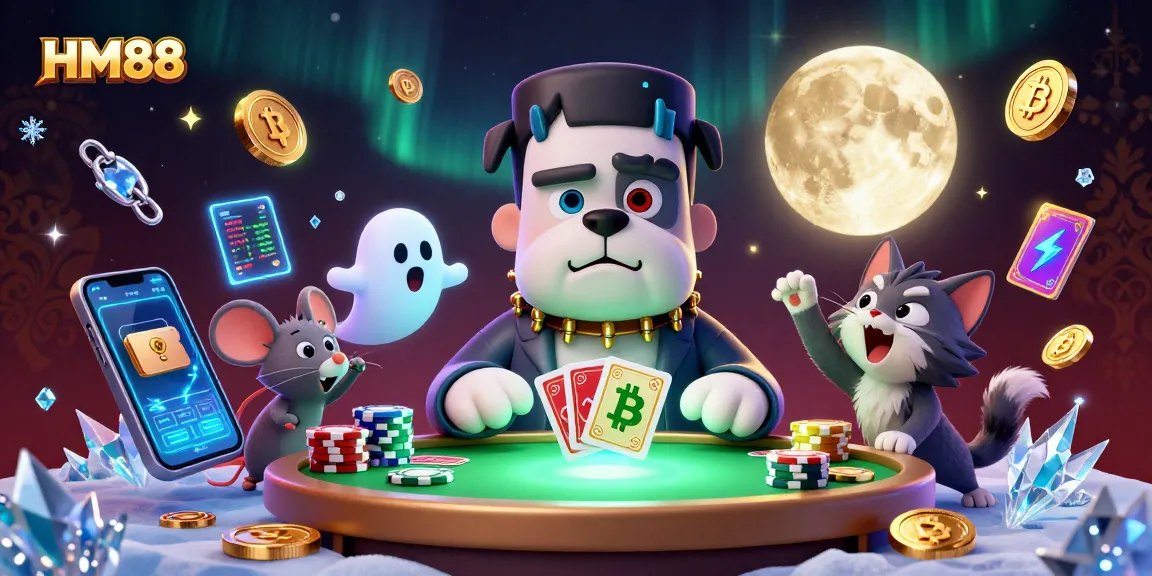 HM88 offers thrilling card games with a cartoon bulldog dealer surrounded by crypto elements.