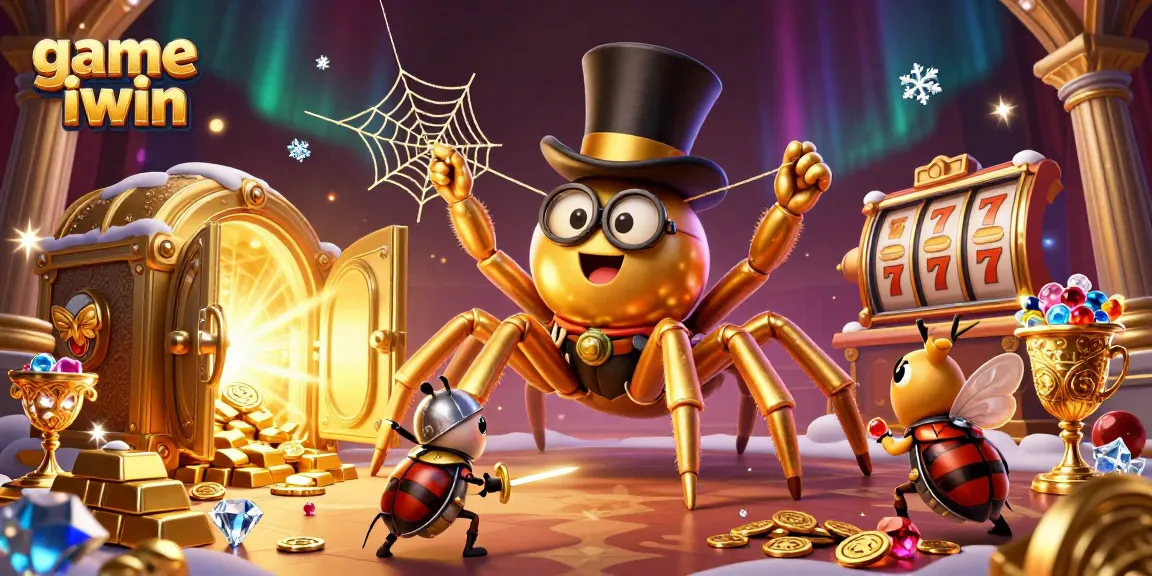 Engage with the game iwin in a vibrant scene of a golden tarantula and knight amidst dynamic casino riches.