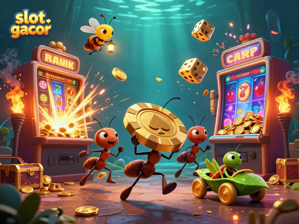 Ants executing a heist with a giant golden poker chip amidst a vibrant slot gacor scene