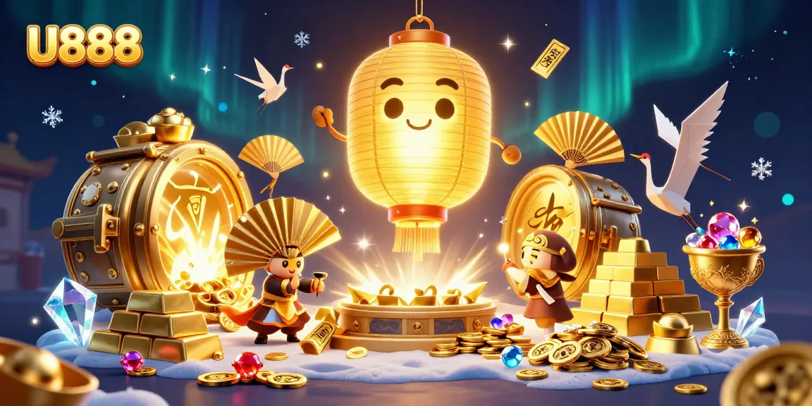 Experience the thrill of U888 with a vibrant scene showcasing golden treasures and lively characters in a casino environment.