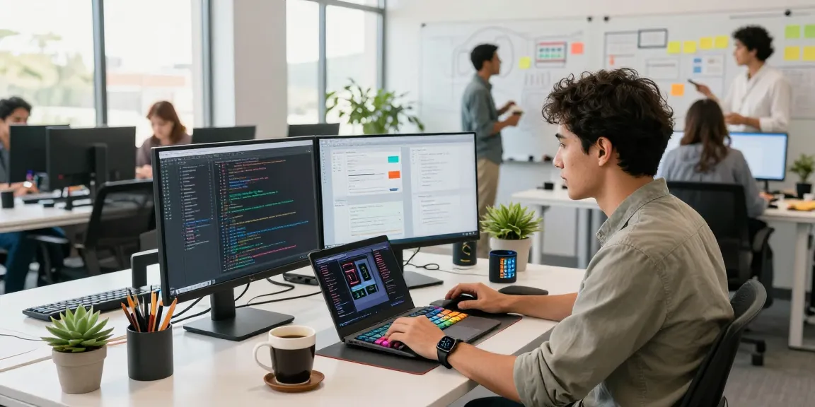 Dynamic workspace featuring cika4d innovation with developers coding and collaborating in a modern office.