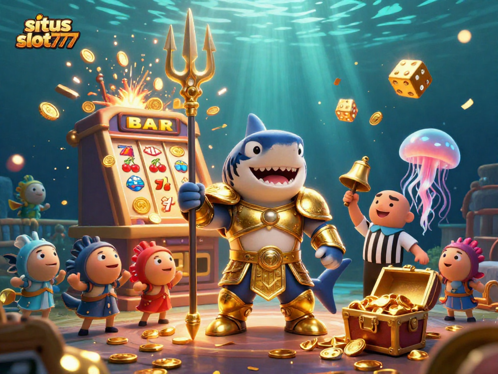 Experience thrilling wins at situs slot777 with a dazzling underwater jackpot scene featuring a tiger shark and explosive slots.