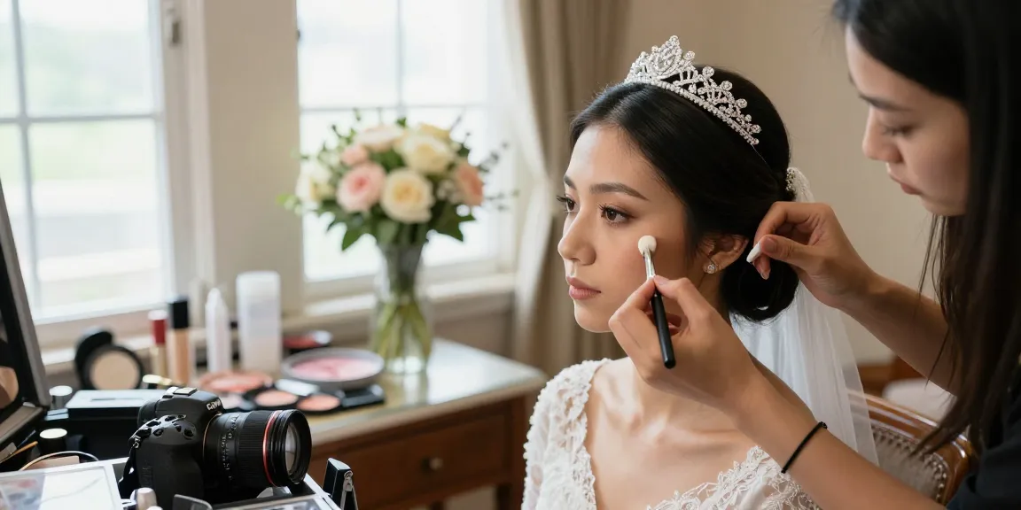 Trucco sposa realizzato da una truccatrice esperta in un ambiente elegante con fiori e accessori da matrimonio.