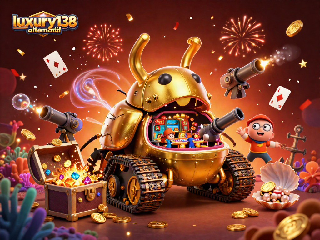 Taruhan seru di luxury138 alternatif dengan tank keong emas membuka mini kasino, meriah dengan koin dan konfeti.