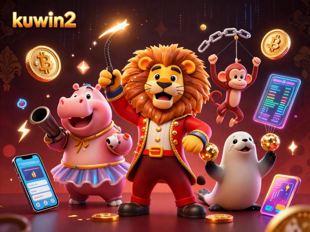 Kuwin2 ignites excitement with a vibrant circus of games, featuring characters and crypto elements.