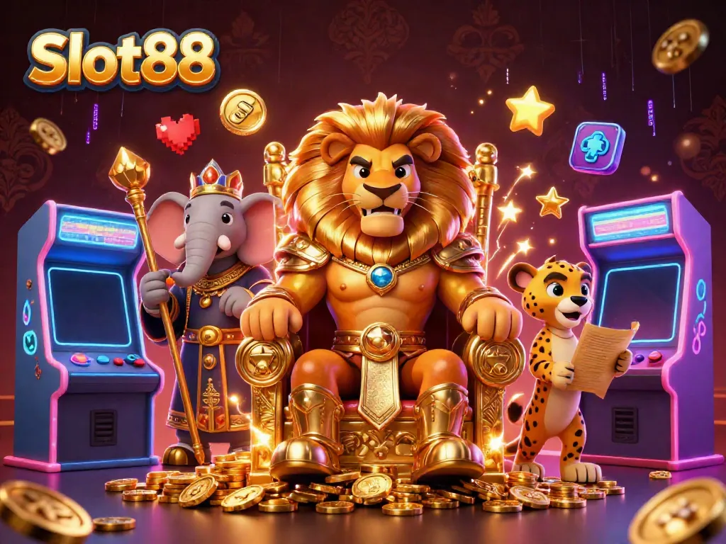 Spin to win big at Slot88, featuring a lion king, elephant advisor, and cheetah messenger surrounded by casino elements.