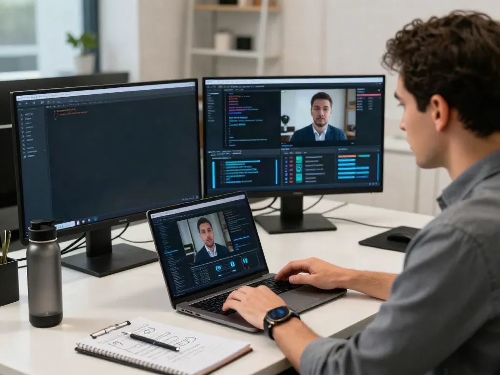 Deepfake protected Online Video Calls in a modern workspace with cybersecurity tools and detailed screens.
