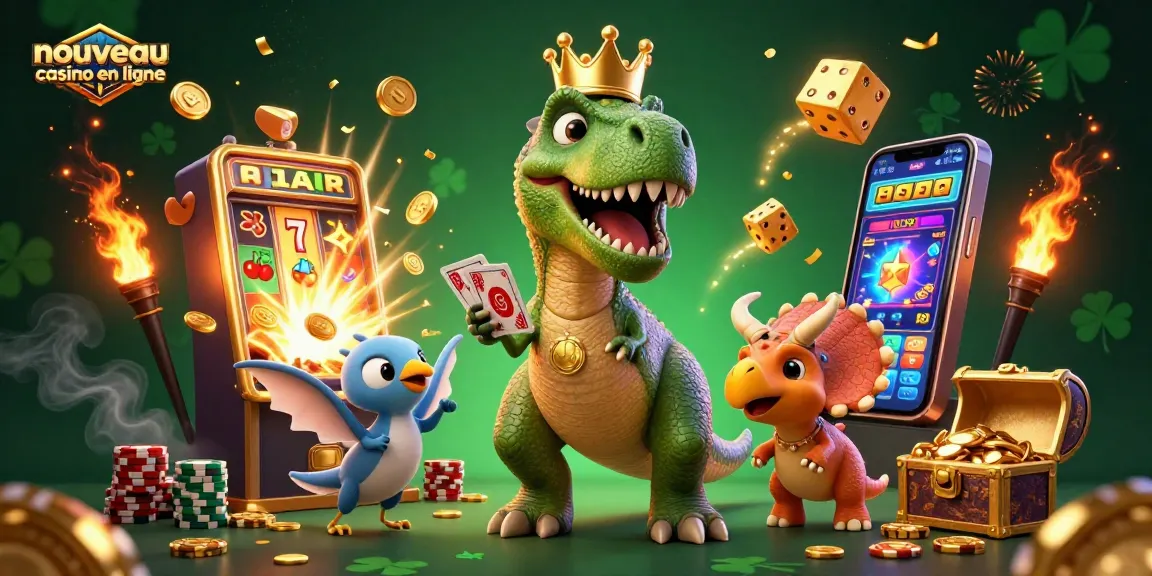 Découvrez les jeux des nouveau casino en ligne avec un T-Rex jouant aux cartes et un triceratops empilant des jetons.