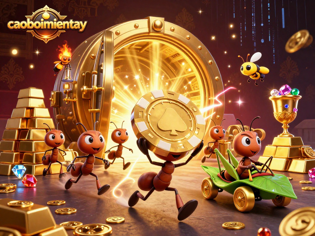 Experience thrilling heist action with caoboimientay's team of ants as they carry a massive poker chip in an exciting underground adventure.