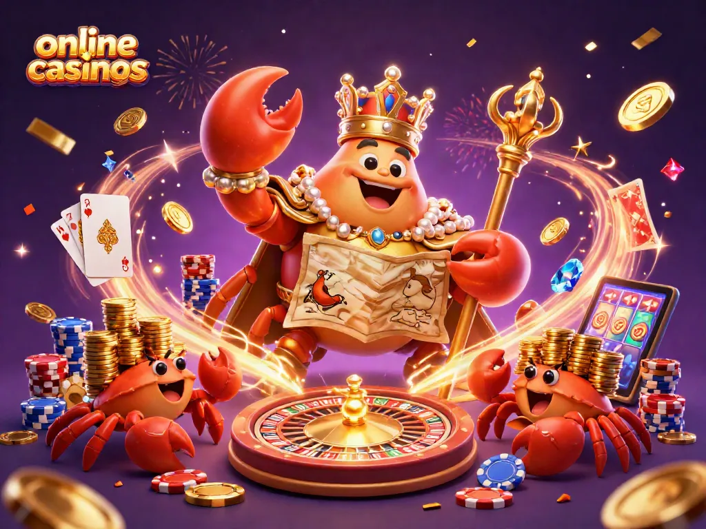 Experience the thrill of online casinos with a majestic crab emperor and playful hermit crabs.
