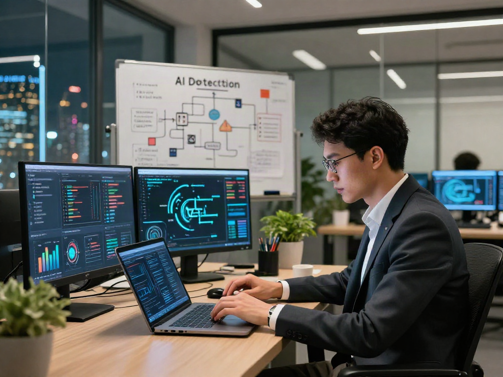 AI Detection analysis in a high-tech office, showcasing innovative algorithms and data analytics.