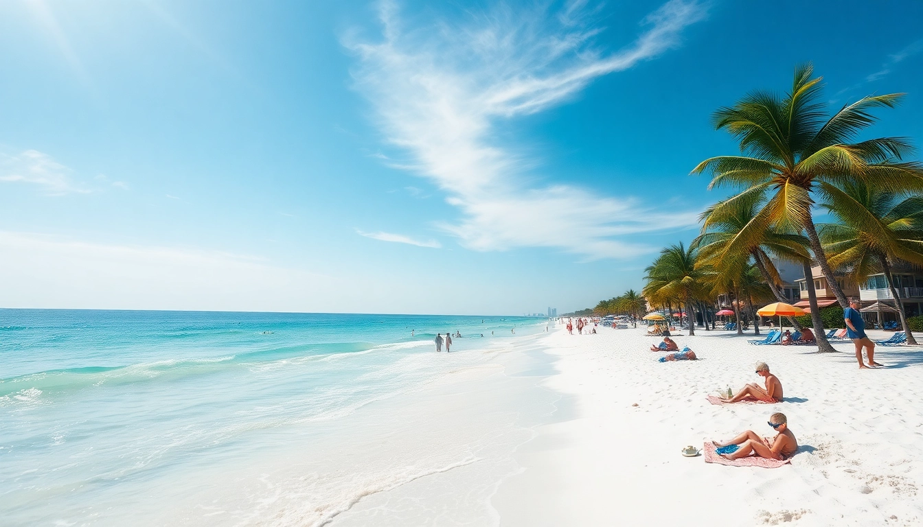 Capture the beauty of Pensacola FL's beaches with sunbathers enjoying the vibrant coastline.