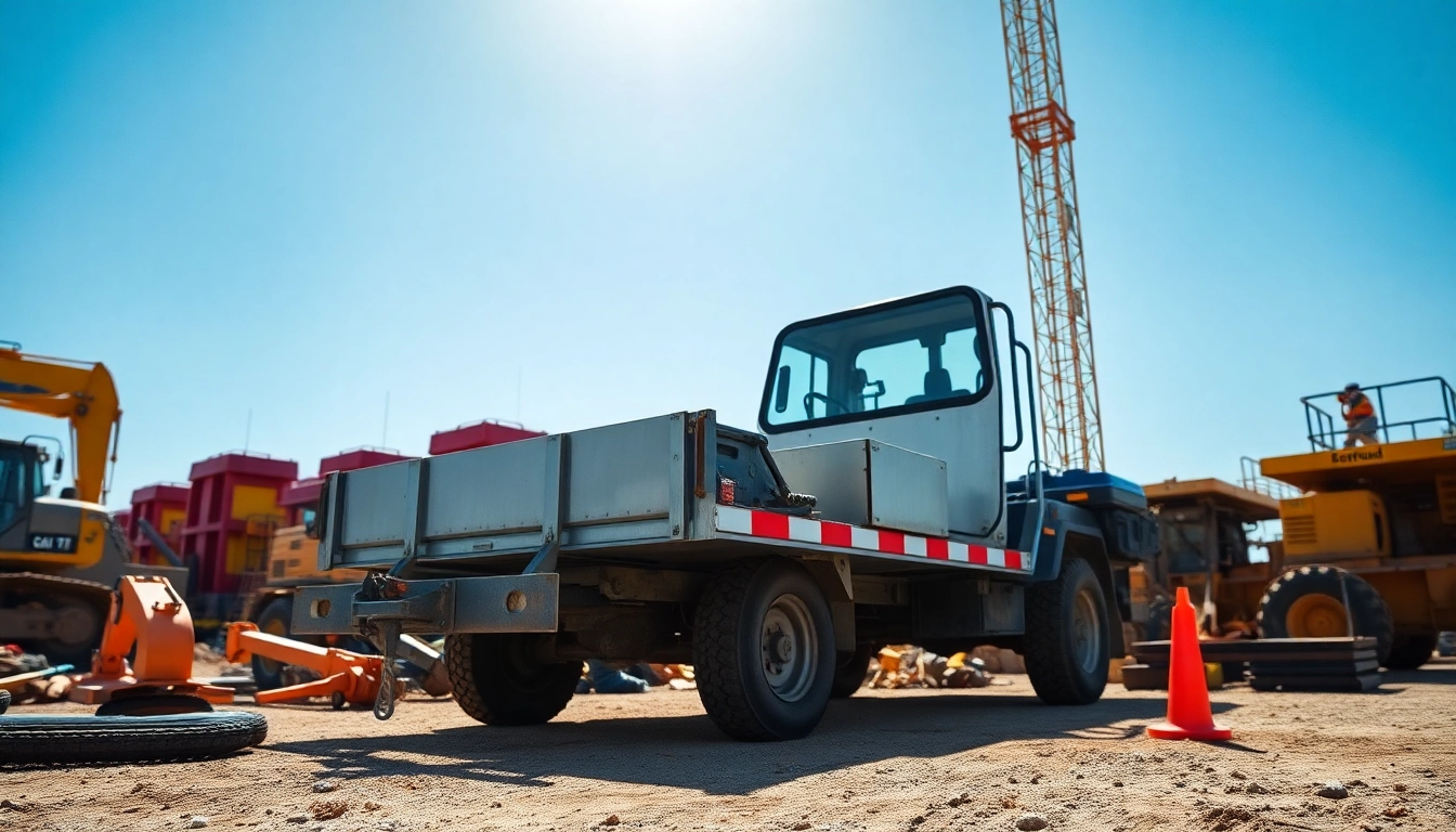 Flathead equipment rental showcased on a construction site with tools, bright lighting, and energetic atmosphere.