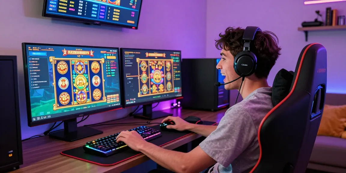 Player enjoying slot super games in a vibrant gaming setup