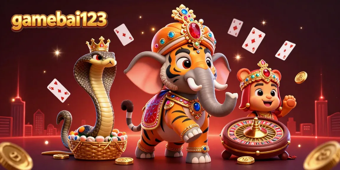 Experience gaming excitement with gamebai123's vibrant casino scene featuring a majestic elepant and playful characters.
