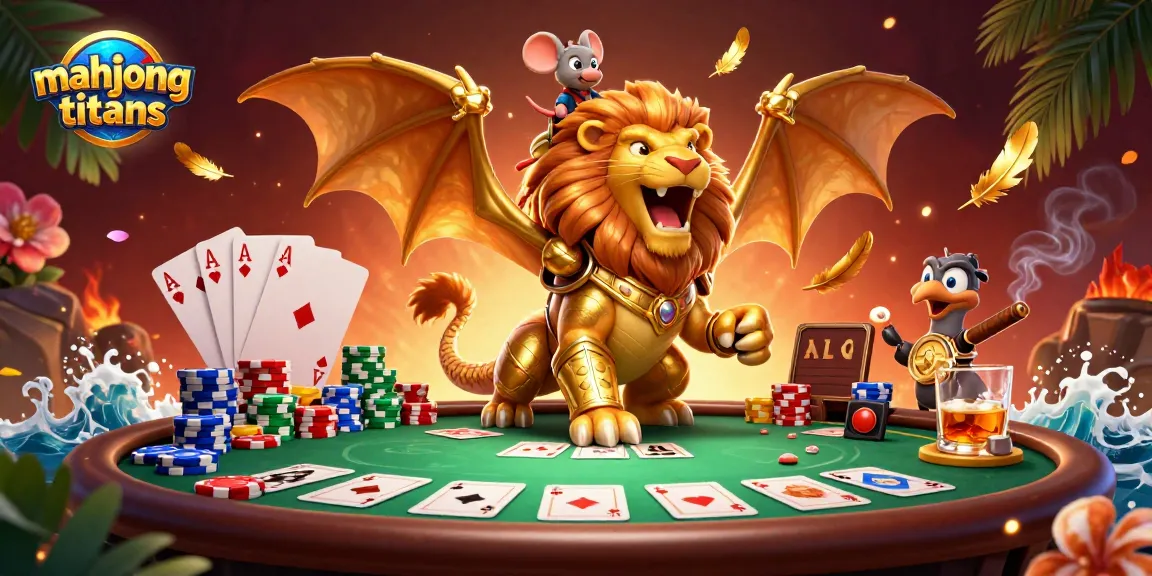 Engage with mahjongtitans in this dynamic poker-themed scene featuring a golden chimera and vibrant game elements.