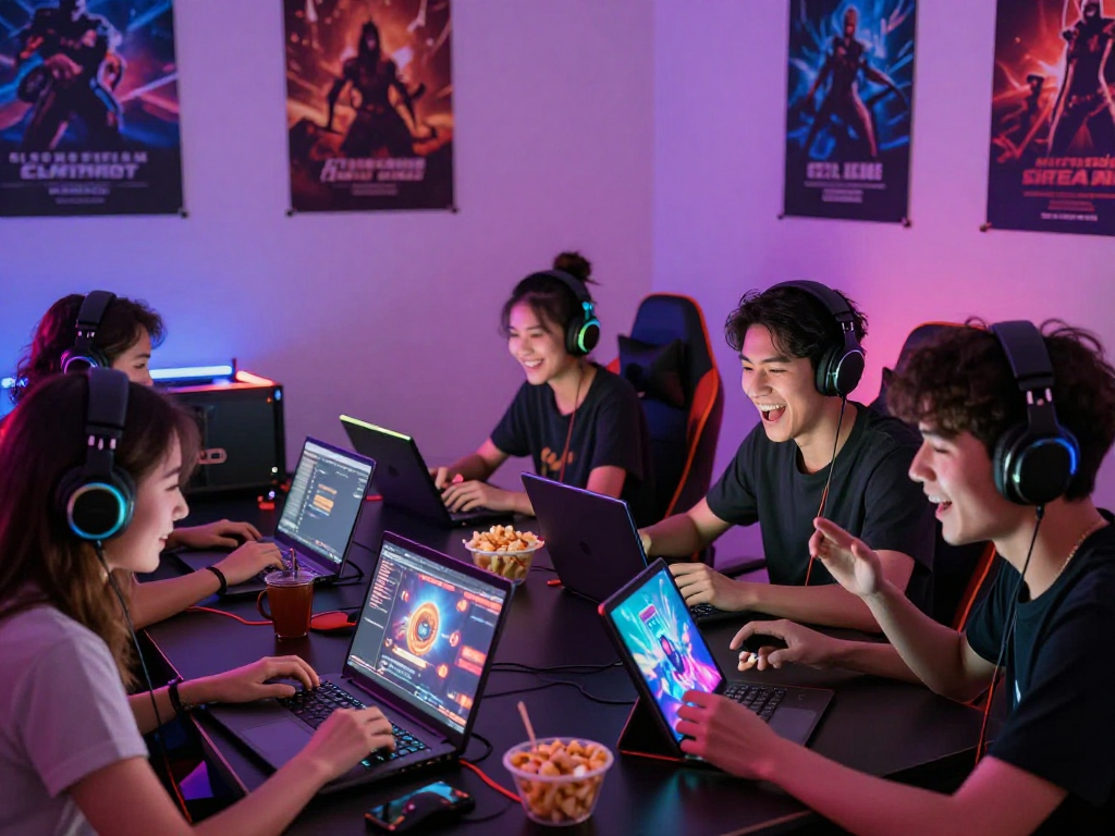 Engaged players enjoying sex games online across various devices in a vibrant gaming setup.