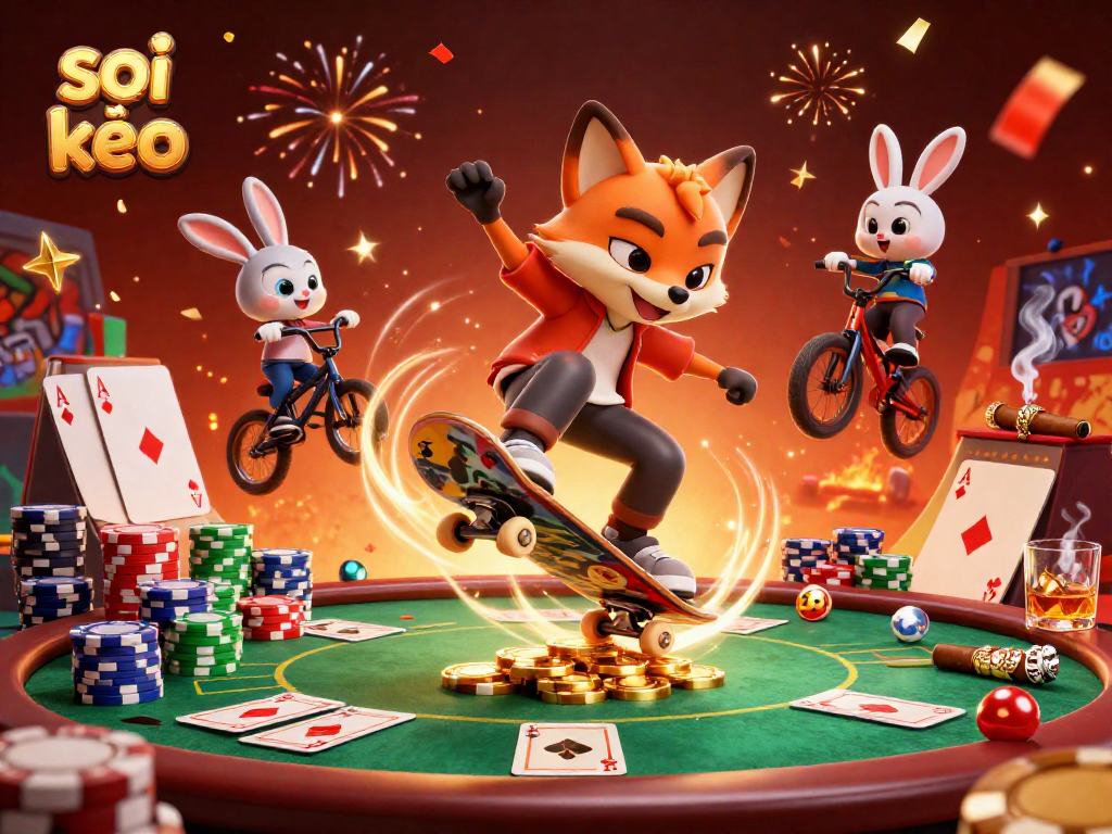 Soi kèo enthusiasts enjoy a vibrant 3D scene of a skateboarder fox and BMX rabbit amid casino elements.