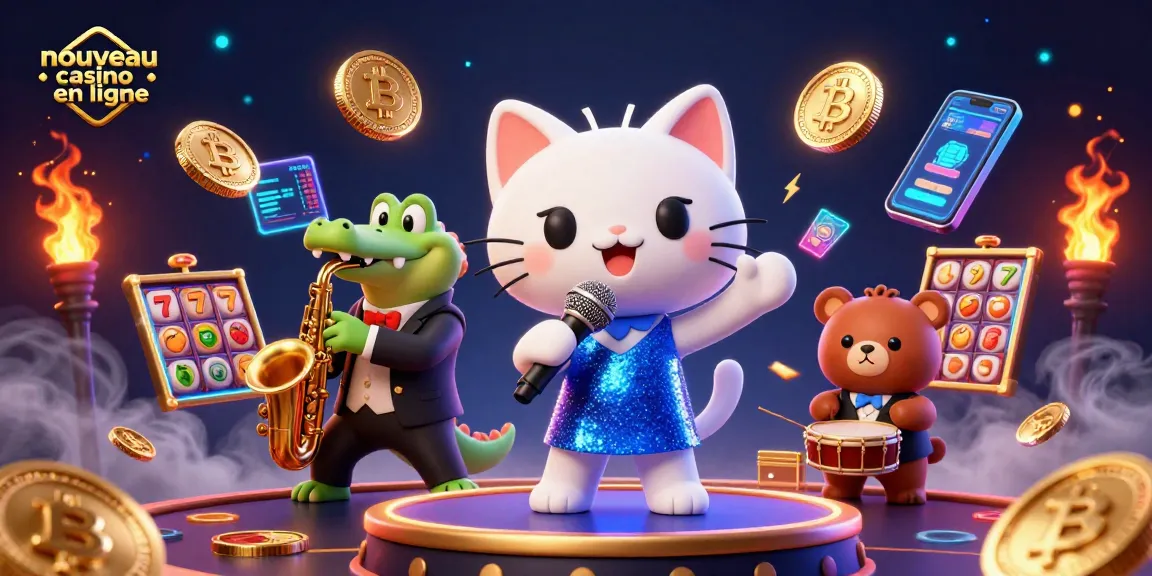 Animation représentant un nouveau casino en ligne animé avec des personnages festifs et des éléments de jeu