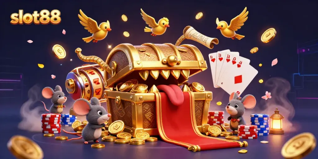 Engage in slot88 excitement with a vibrant treasure chest, lucky symbols, and casino elements.