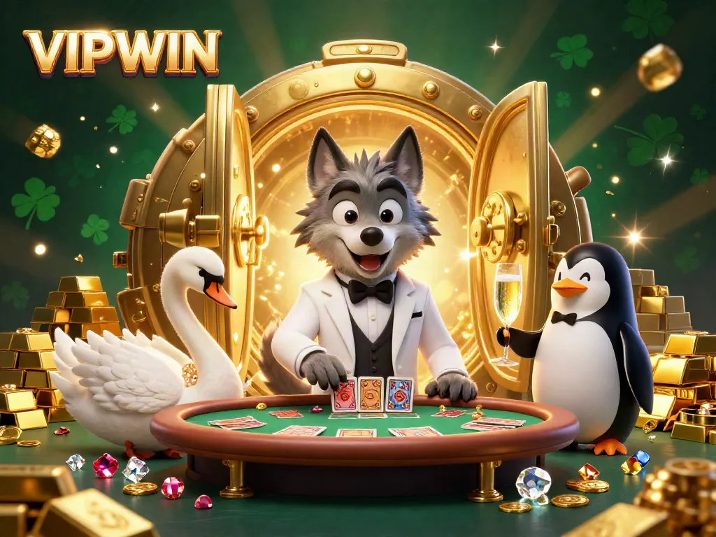 Engaging VIPWIN casino scene showcasing a wolf, swan, and penguin in a vibrant baccarat setting.