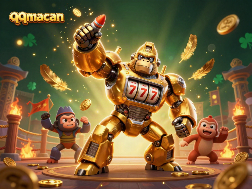 Experience thrilling gameplay at qqmacan, featuring a dynamic gorilla mech and explosive coins.