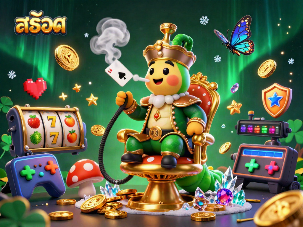 Engage with สล็อต slot gaming excitement featuring a vibrant caterpillar hookah-master illustration.