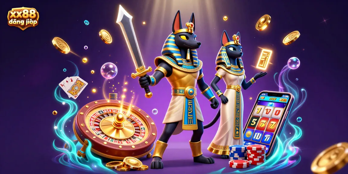 Engage in thrilling gaming experiences with xx88 đăng nhập, featuring dynamic 3D elements like ancient guard Anubis and glowing hieroglyphs.