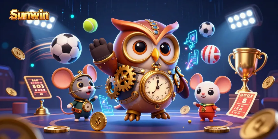 Experience thrilling wins at Sunwin with a vibrant casino scene showcasing time-traveling characters and dynamic sports elements.
