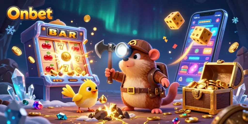 Experience winning excitement on Onbet with a treasure hunter mole amidst dazzling casino elements.