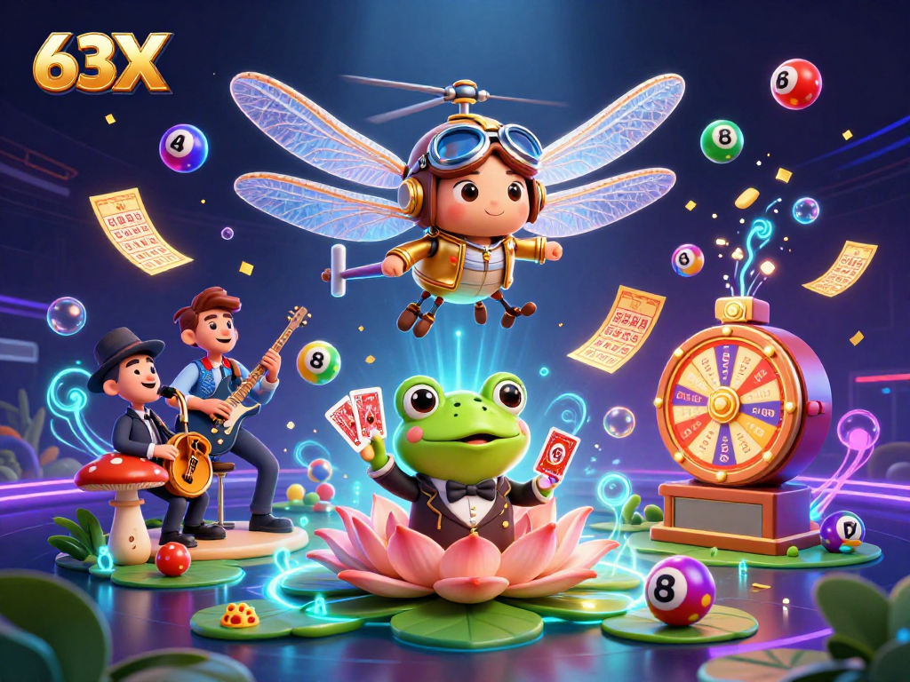 Jogue no cassino virtual 63X com uma cena vibrante de dragão de cartas, crupier e músicos.