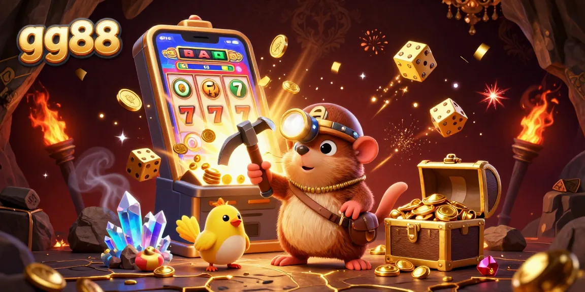 Spin the reels of gg88 for a jackpot adventure featuring a treasure hunter and vibrant casino elements.