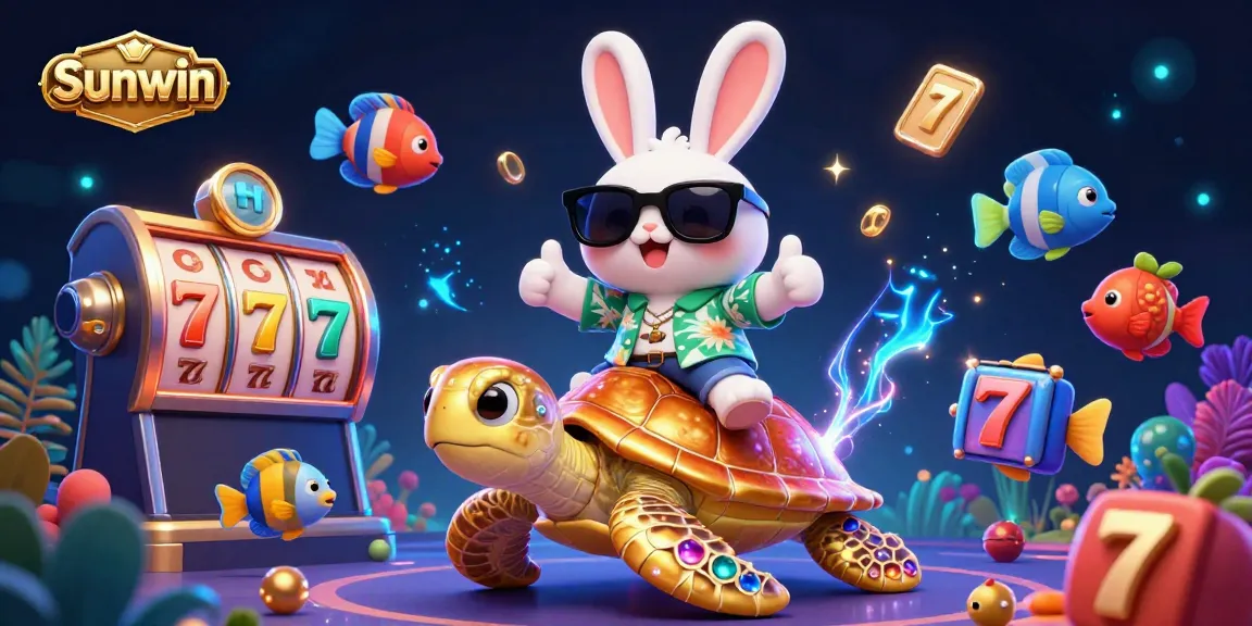 Experience thrilling gaming at Sunwin with a lucky rabbit and golden turtle in a vibrant casino scene.