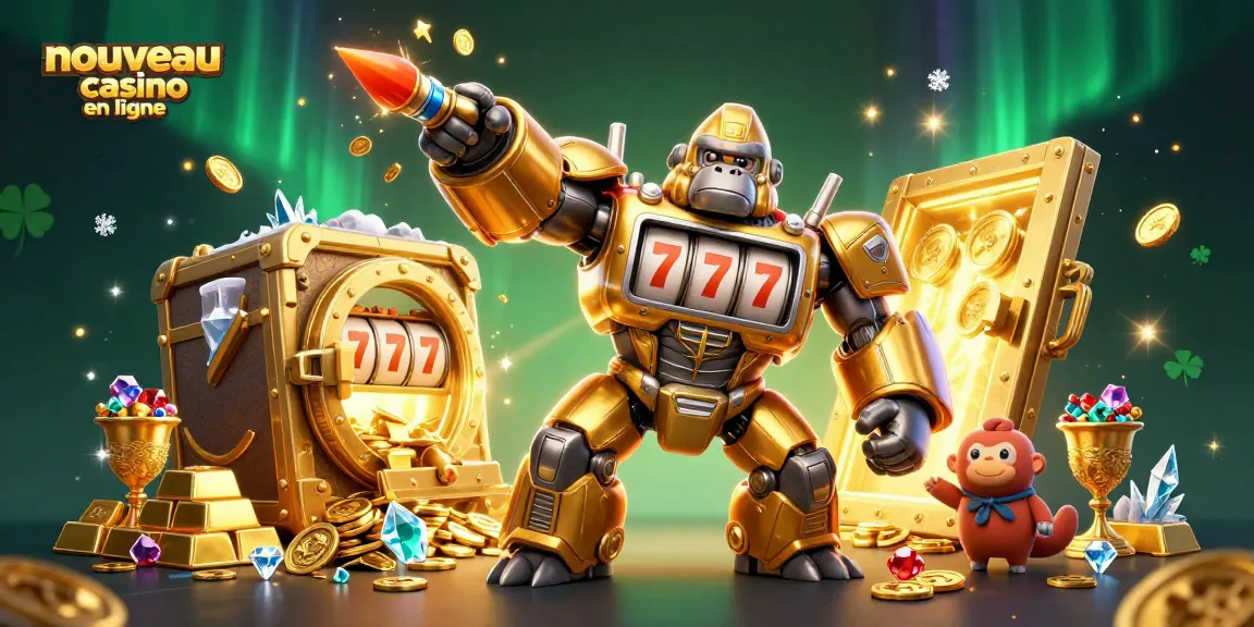 Illustration dynamique de nouveau casino en ligne avec un gorille mech en or, symboles chanceux, et trésors étincelants