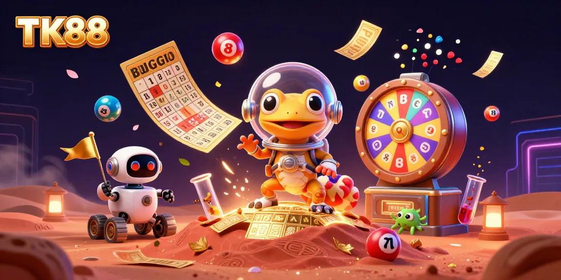 Celebrate wins with TK88's vibrant 3D scene showcasing exciting casino elements.