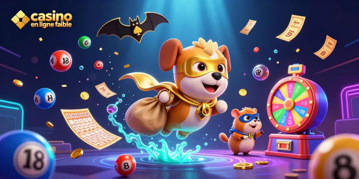 Illustration vibrant de "casino en ligne fiable" avec un chien super-héros et des éléments de jeu animés, créant une ambiance excitante.