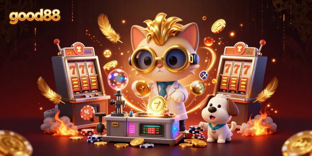 Engage in excitement with good88 through dynamic casino gameplay featuring a playful cartoon scientist cat.