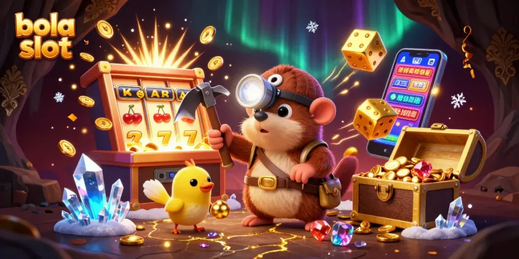 Win big with bola slot in this vibrant 3D illustration of a treasure hunter mole and exciting game elements.